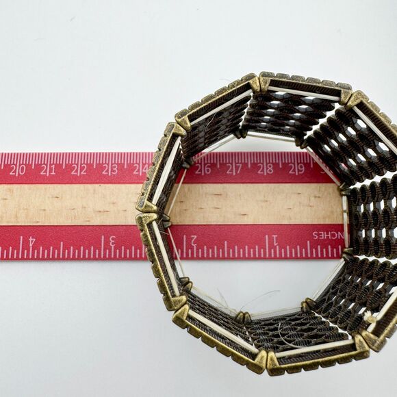 Vintage Bronze Tone Stretch Bracelet Wide Geometric Dot Panel Boho Hero Retro - Picture 7 of 7